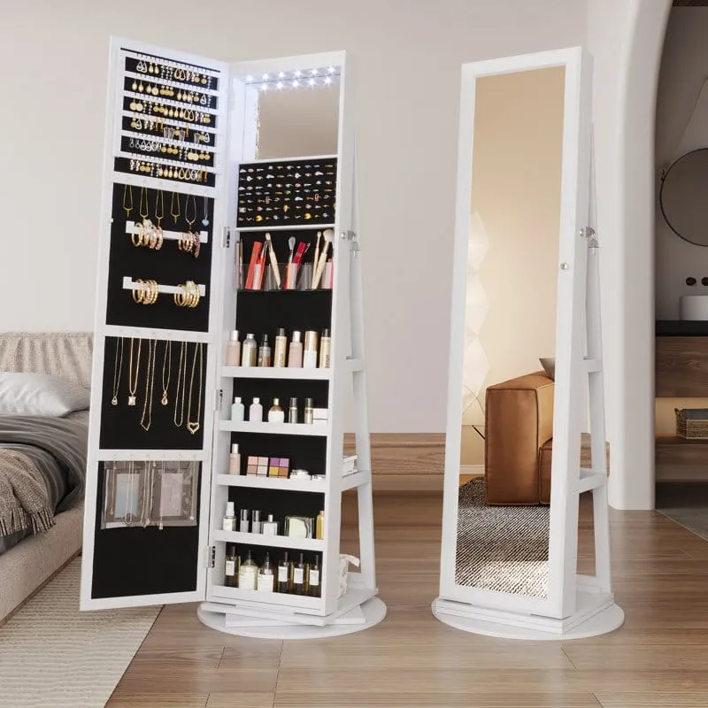 UNIQ Schmuckschrank mit Spiegel – Edle drehbare Schmuckaufbewahrung aus Holz mit Türen und großem Spiegel (55 cm)