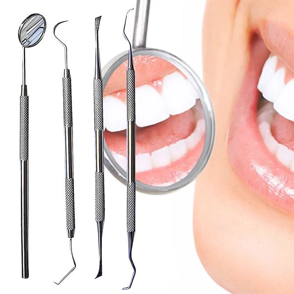 Zahnreinigungsset 4 teilig für Dental Hygiene - 1 Mundspiegel, 2x Kürette Zahnreiniger, 1 Schaber