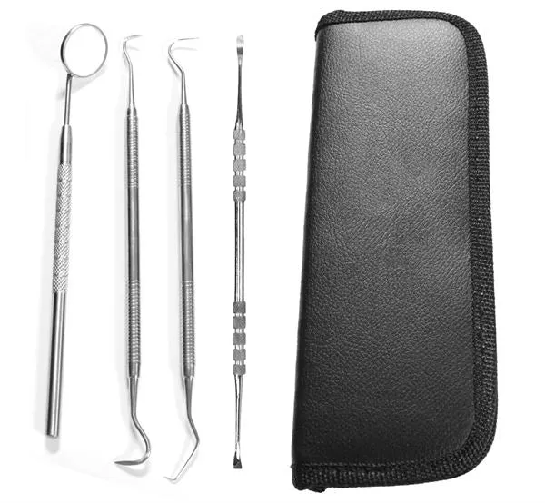 Zahnreinigungsset 4 teilig für Dental Hygiene - 1 Mundspiegel, 2x Kürette Zahnreiniger, 1 Schaber
