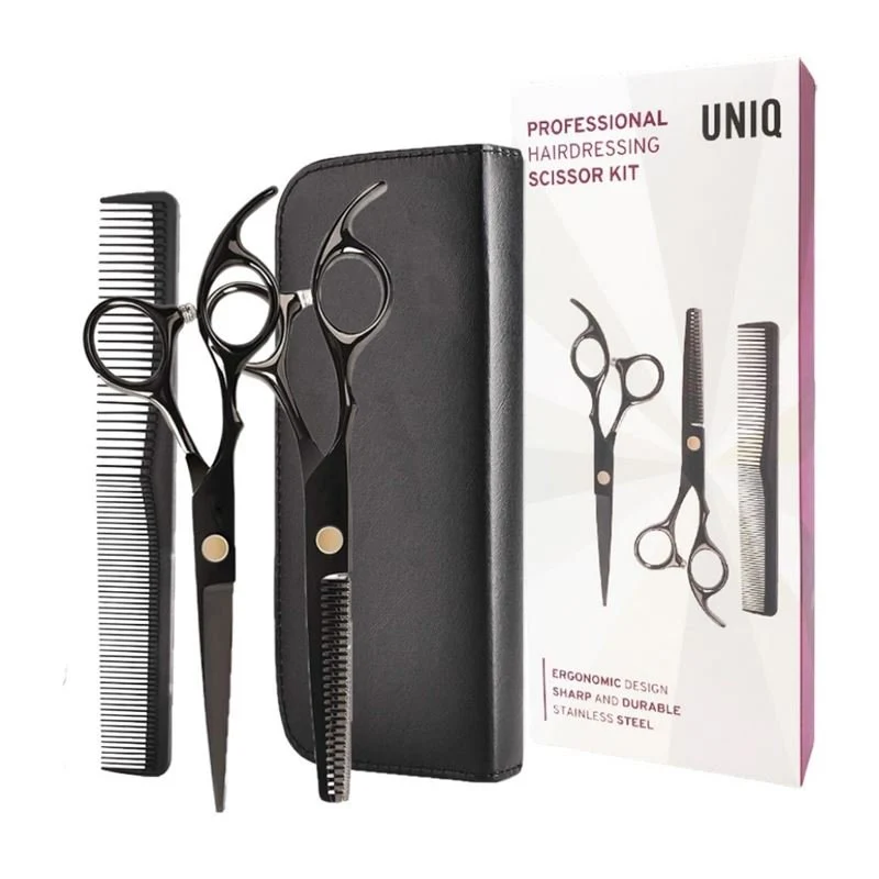 Friseurscheren-Set Pro in Schwarz mit Effilierschere und Kamm