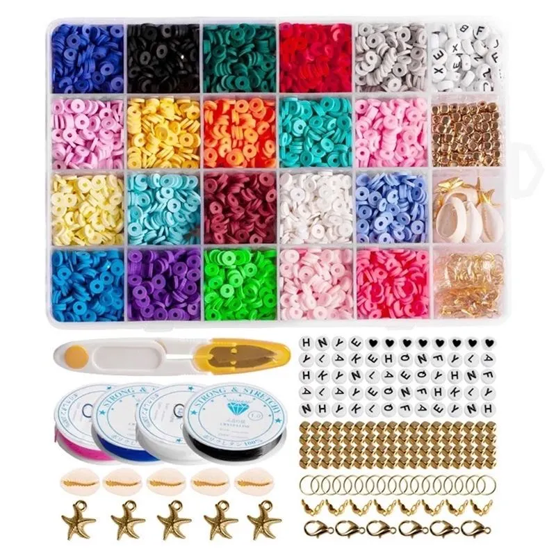 Tonperlen - KREA DIY Acrylperlen Schmuckset mit Perlen in bunten Farben, Gummibändern, Verschlüssen, Schere - 1 Box mit 24 Fächern